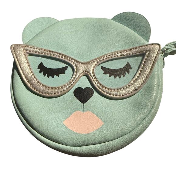 Betsey Johnson Mint Ice Blue Sleepy Bear Cat Eye Glasses Wristlet Purse - Picture 1 of 5